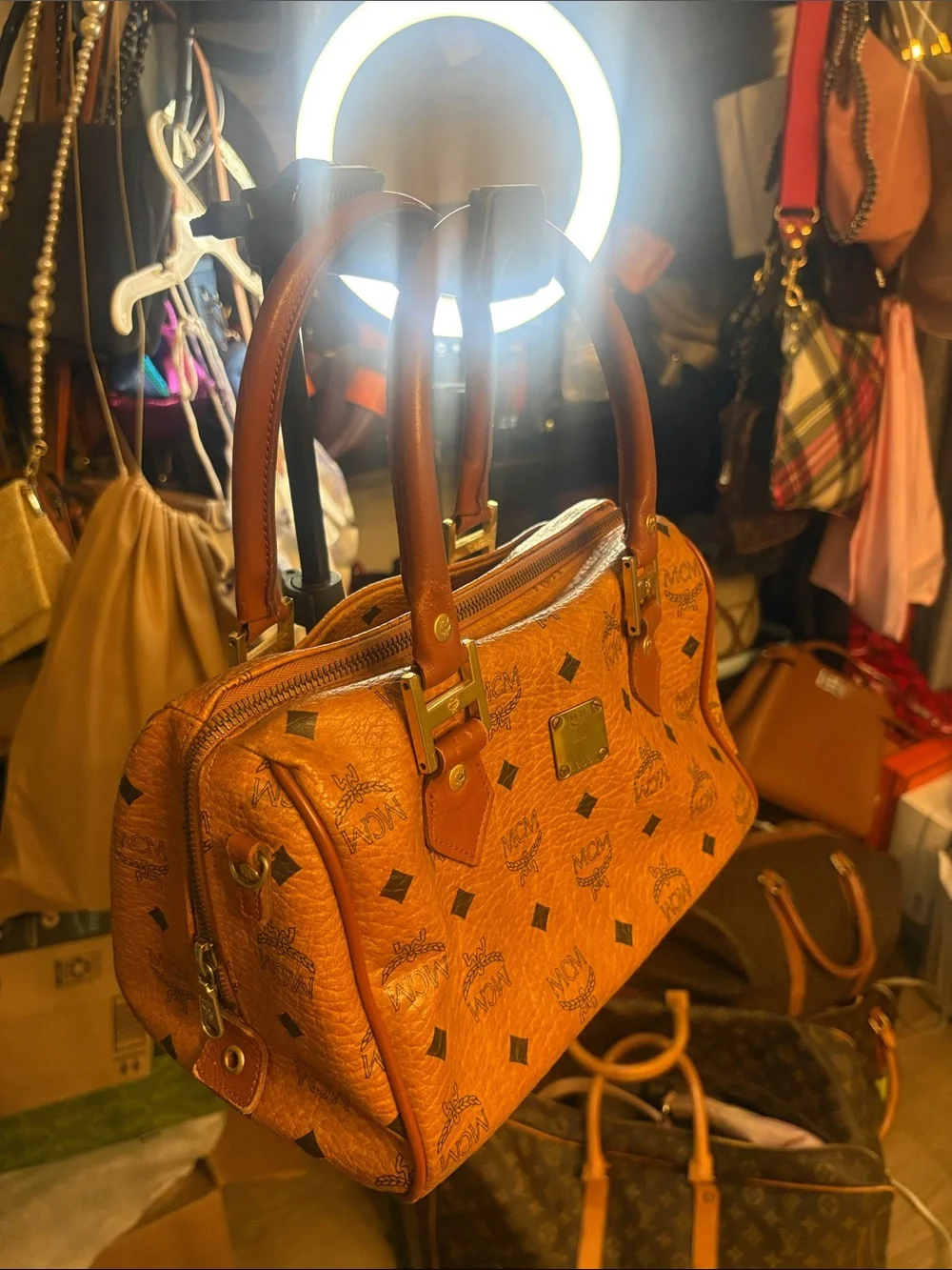 MCM Cognac Brown Visetos Monogram Satchel